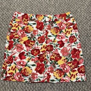 Ann Taylor Loft Women 100% Cotton Red Pink Yellow Floral  Lined Skirt
